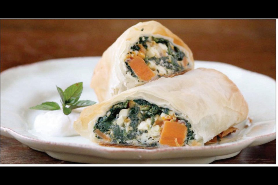 Bottom: Spinach and yam phyllo parcels filled with a vegetarian mix of spinach, feta, nuts and yams.