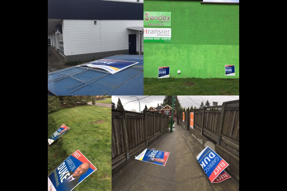 Garrison Duke, who's running for the Liberals in Burnaby-Edmonds, says people have been damaging his signs on a daily basis.