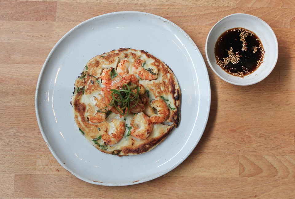 Korean spot prawn and green onion pancake with a spicy and sweet soy dipping sauce