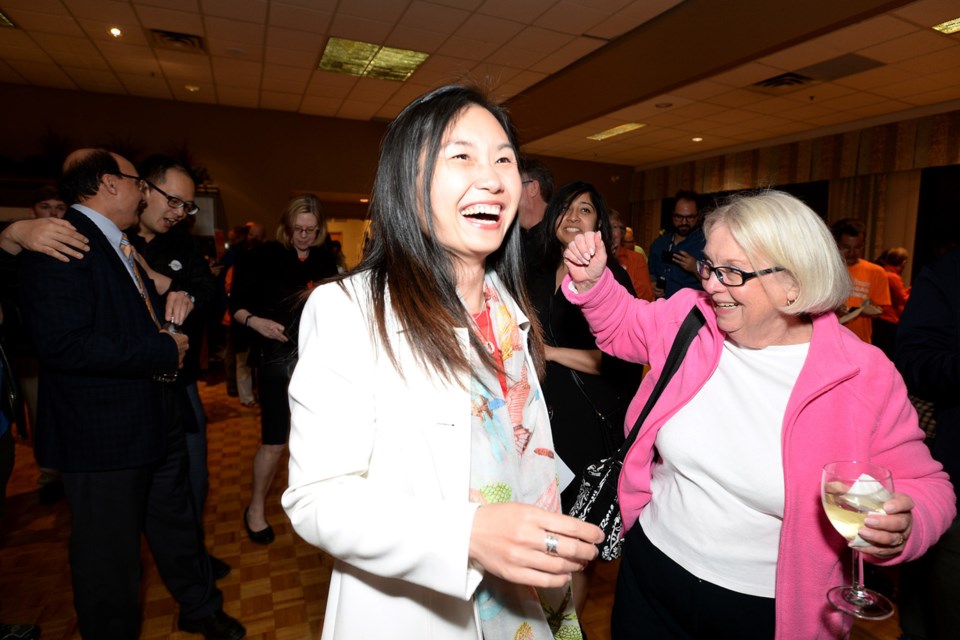 A jubilant Anne Kang celebrates her victory in Burnaby-Deer Lake on election night. Kang's riding was the only one of the four in Burnaby to see a slight drop in NDP support over the last election.