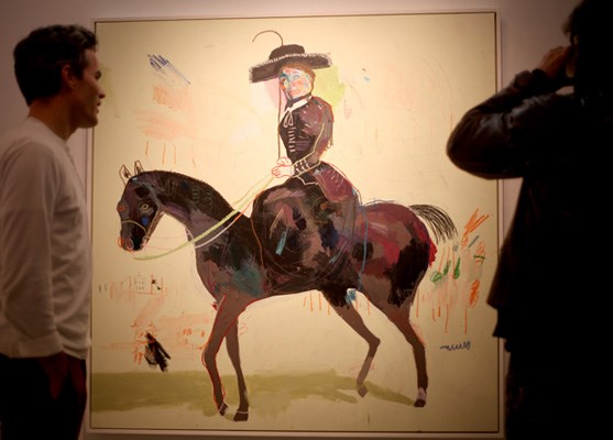 Good Luck Gallery. Patrons look at Artist - Andy Dixon's Painting - "Woman on Horse." The show was called "Studying the Subject Through a Blatant Lack of Intimate Knowledge of the Object.