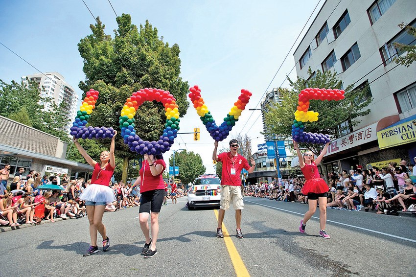 Party people enjoy the Vancouver Pride Parade. The Vancouver Pride Society, organizers of the annual parade, are bringing pride to North Vancouver with an all-ages dance at Shipbuilders’ Square Aug. 2. photo Jennifer Gauthier/Vancouver Courier