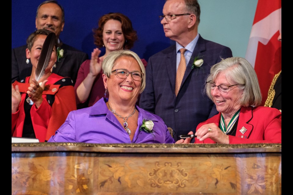 New Westminster MLA Judy Darcy is sworn in as a member of cabinet by Lt.-Gov. Judith Guichon at Government House in Victoria on July 18. Darcy will serve as B.C.'s Minster of Mental Health and Addictions.