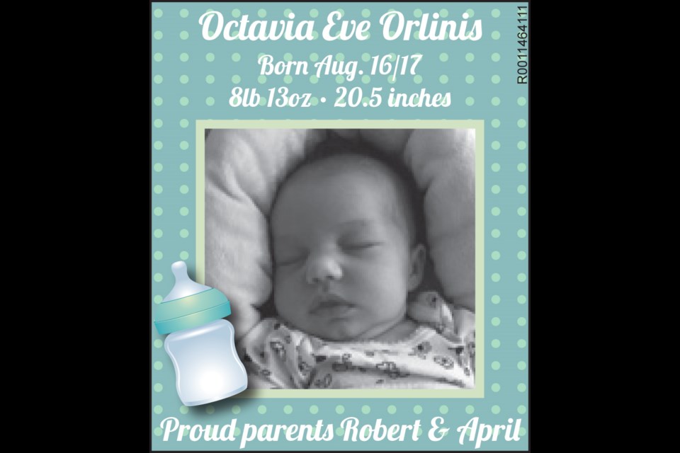 Octavia Eve Orlinis
Born Aug. 16/17
8lb 13oz • 20.5 inches
Proud parents Robert & April