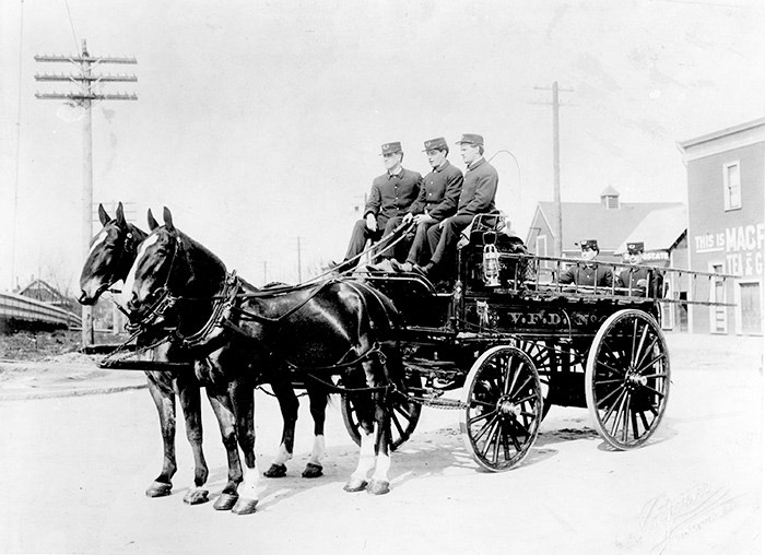 Horse drawn hose wagon from Fire Hall No. 4 at Broadway and Granville Street, 1910. Photo: Vancouver