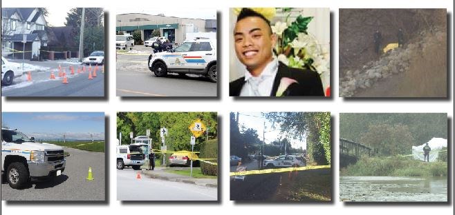 Richmond's eight homicides so far in 2017 (top row, from left) happened Jan. 10 on Ash Street, Jan. 16, on Viking Way, Jan. 27 at Richmond Hospital, March 2 in rural East Richmond and (bottom row, from left) April 24 near Terra Nova adventure park, May 14 on Granville Avenue, Sept. 18 on Bridge Street and Oct. 10 at Garden City Park. Photo by Alan Campbell