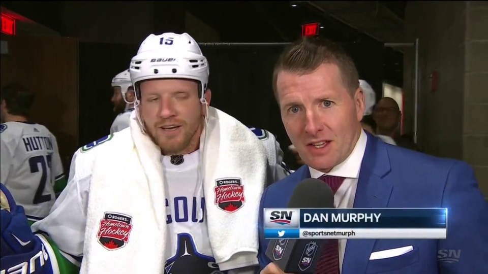 Dan Murphy interviewing Derek Dorsett at the intermission