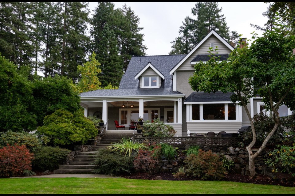 The renovated 1904 home on Quamichan Lake near Duncan sits on six hectares of landscaped property that slopes gently down to the lake, with views across to Mount Provost.