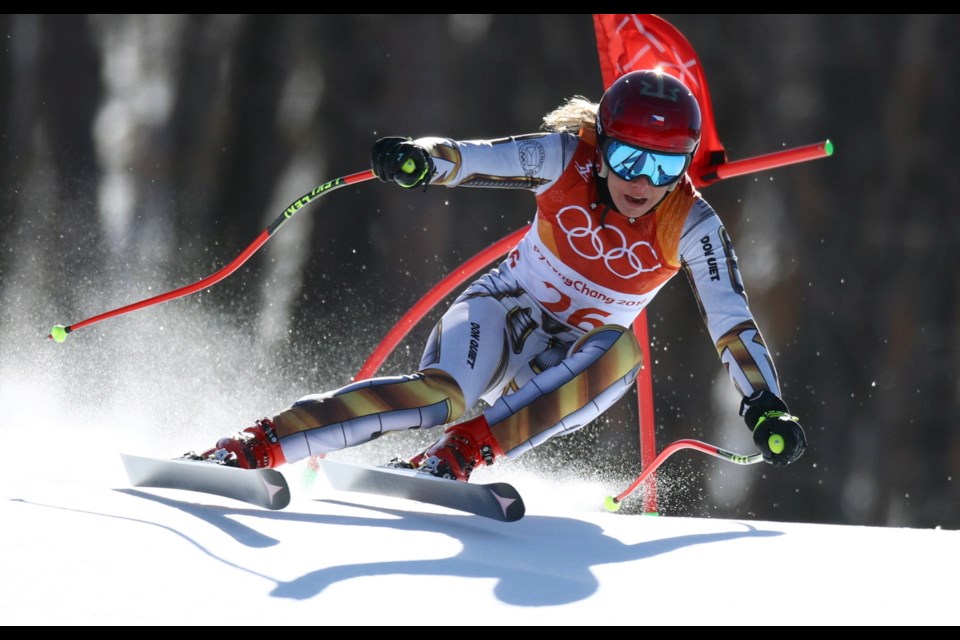 Czech Republic's Ester Ledecka competes in the women's super-G at the 2018 Winter Olympics in Jeongseon, South Korea, Saturday, Feb. 17, 2018.