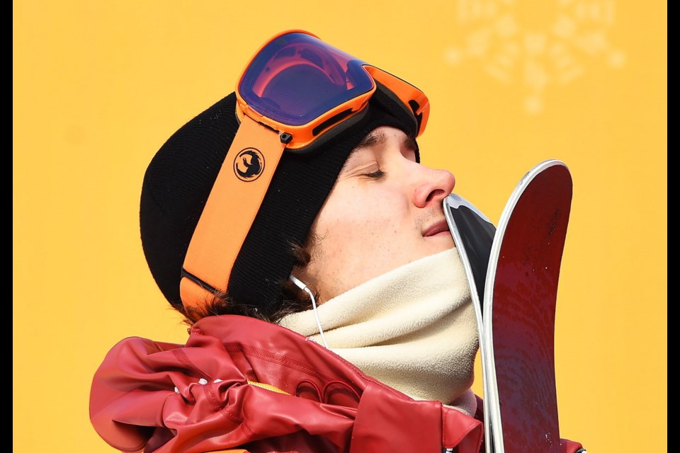 Teal Harle of saʴý reacts to his score following his third run in the men's skiing slopestyle final at the Phoenix Snow Park at the 2018 Winter Olympic Games in Pyeongchang, South Korea, Sunday, Feb. 18, 2018.