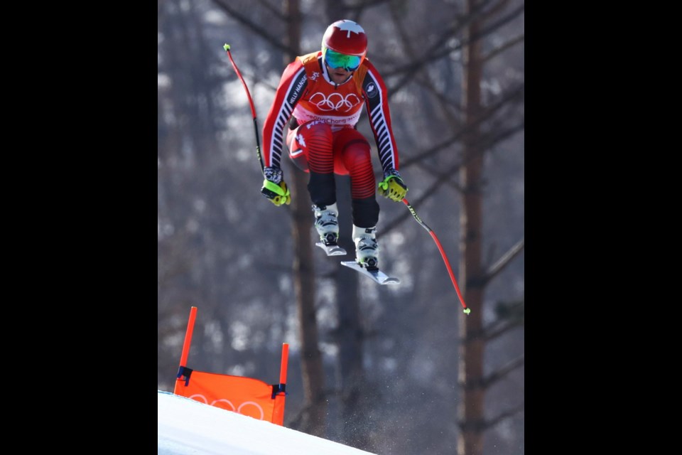 saʴý's Benjamin Thomsen soars through the air during the Olympic men's combined alpine event in Jeongseon, South Korea.