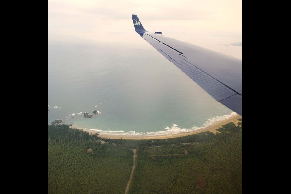 A view of one of Tofino's famous beaches on the descent from YVR