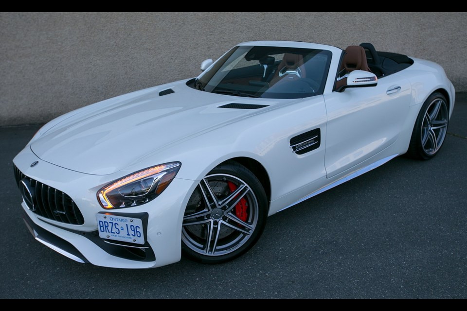 The Mercedes-AMG GT C is powered by a handmade twin-turbo 4.0-litre V-8 producing 550 horsepower and 502 foot-pounds of torque that takes just 3.7 seconds to reach 100 km/h.