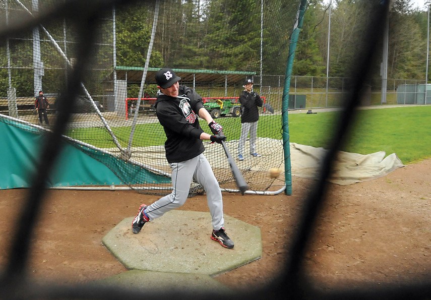 Adam Maier of the North Shore Twins senior team takes a cut during a recent practice at Parkgate Park. The Twins are coming off a season that saw the club win provincial titles at the bantam, junior and senior levels. The home opener for the senior Twins is on Sunday. photo Paul McGrath, North Shore News