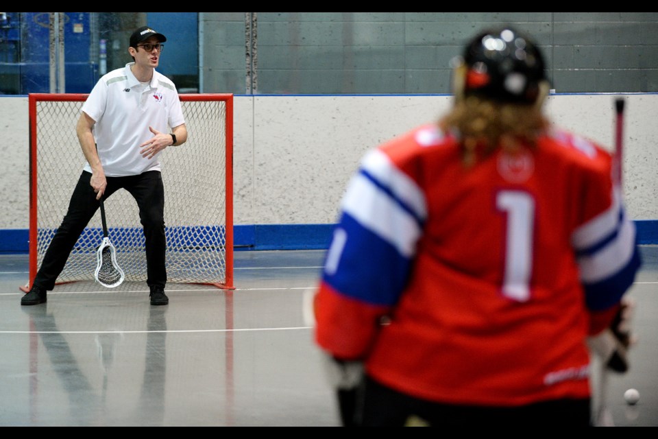 Tye Belanger, a goaltender with the New Westminster Senior Salmonbellies and Vancouver Stealth, recently led some of the New Westminster Minor Lacrosse Association’s young goalies in a clinic.