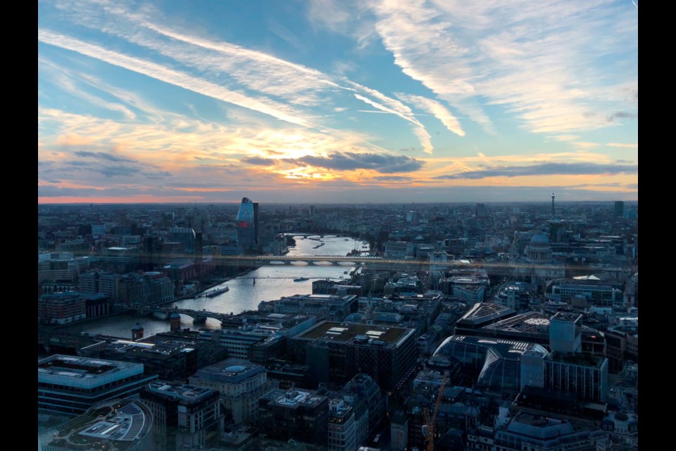 This March 2018 photo shows a view of London as seen from inside Sky Garden atop a 34-storey building known as the Walkie Talkie. It's hard to walk in for a look without a ticket, but timed tickets are free, though sunset hours go fast.