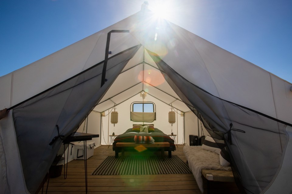 Lazy Sky Retreat has tepees that are spacious tents with electrical outlets, Western decor and doors facing the rising sun on May 15, 2018, in Joshua Tree, Calif. Lazy Sky is just one of Joshua Tree's estimated 800 unlicensed vacation rental businesses offering a menu of quirky alternatives to traditional motel lodging: neighborhood homes, vintage trailers, Sherpa huts, tepees, shipping containers, simply slabs of cement on which to pitch a tent or park a vehicle. (Gina Ferazzi/Los AngelesTimes/TNS)