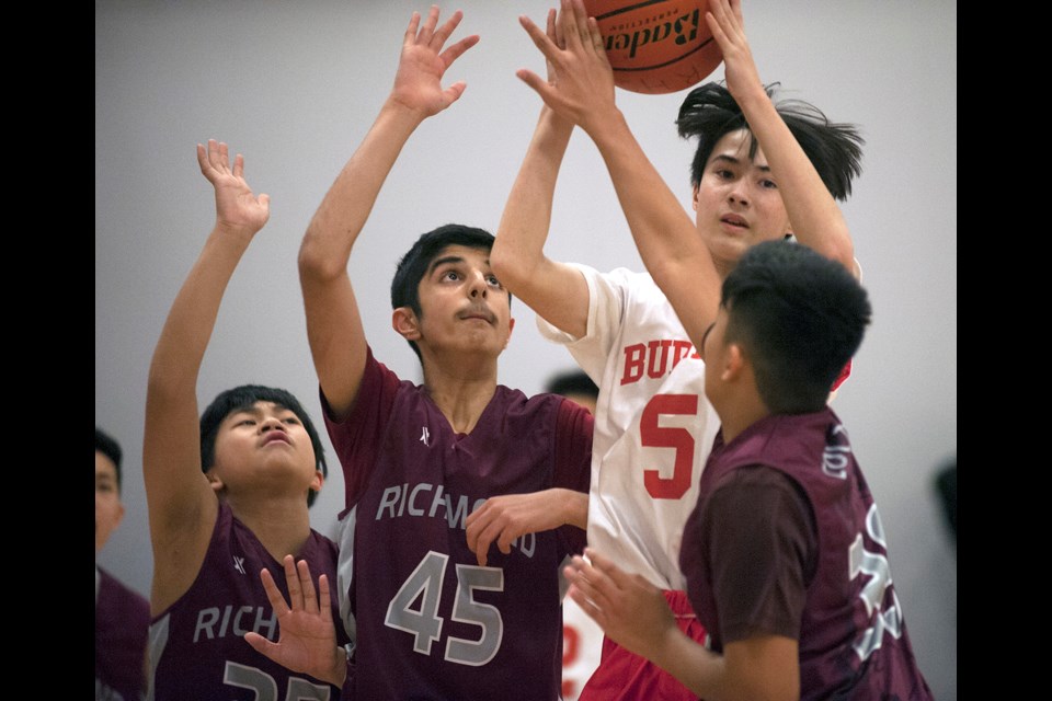 Richmond Colts secured first place in the Richmond Bantam Boys Basketball League with a win over Burnett on Wednesday in a battle of 8-1 teams. The city playoffs are up next at MacNeill.