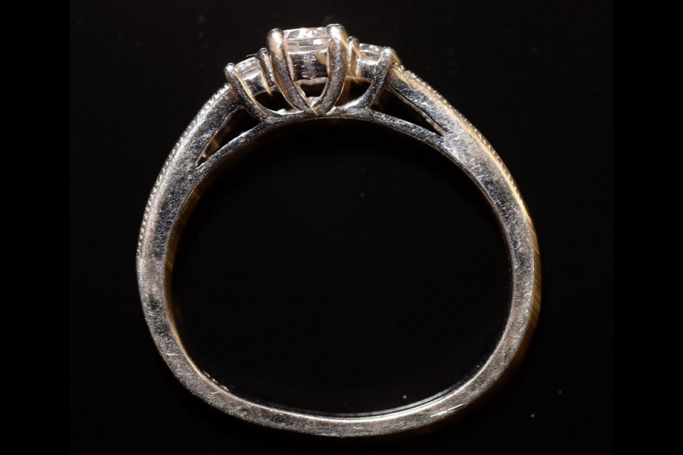 Nanaimo RCMP are looking for the owner of a wedding ring and engagement ring found in the women's washroom at the Nanaimo Museum. This is the wedding ring.