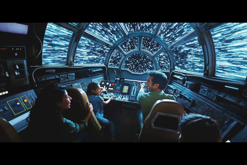 This is an artist's concept of Inside Millennium Falcon: Smugglers Run, where Disney guests will take the controls in one of three unique and critical roles aboard the fastest ship in the galaxy this summer at Disneyland Resort in California and in the fall at Walt Disney World Resort in Florida.