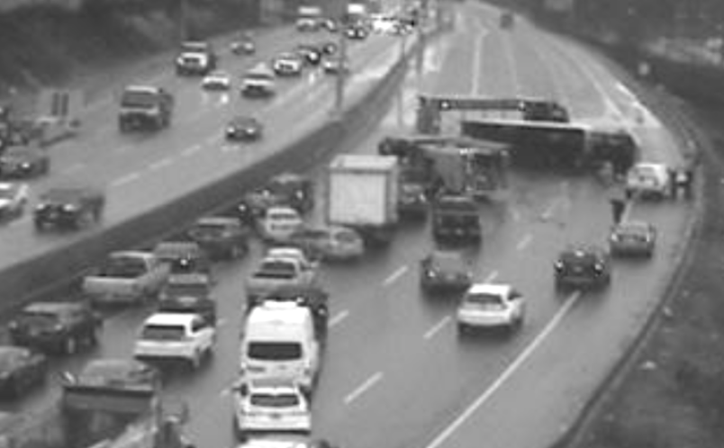 A flipped semi on Highway 1 in Burnaby blocks westbound traffic Wednesday afternoon.