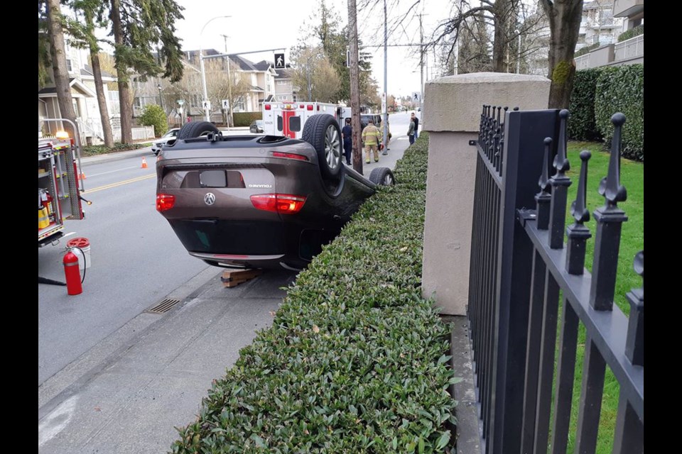 This VW could be seen flipped over on the sidewalk of Garden City Road in Richmond on March 28, 2019. Photo: Dave Stevenson