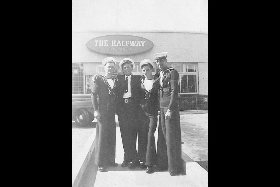 Smokey Rhymes (far right) and his navy buddies pose for a photograph outside the Halfway House, ca. 1945. Photograph by Gordon P. Rhymes, author&rsquo;s collection. Along the E&N: A Journey Back to the Historic Hotels of Vancouver Island
TouchWood Editions &copy; 2019 Glen A. Mofford