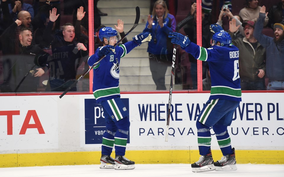 Elias Pettersson and Brock Boeser celebrate a goal for the 鶹ýӳCanucks.