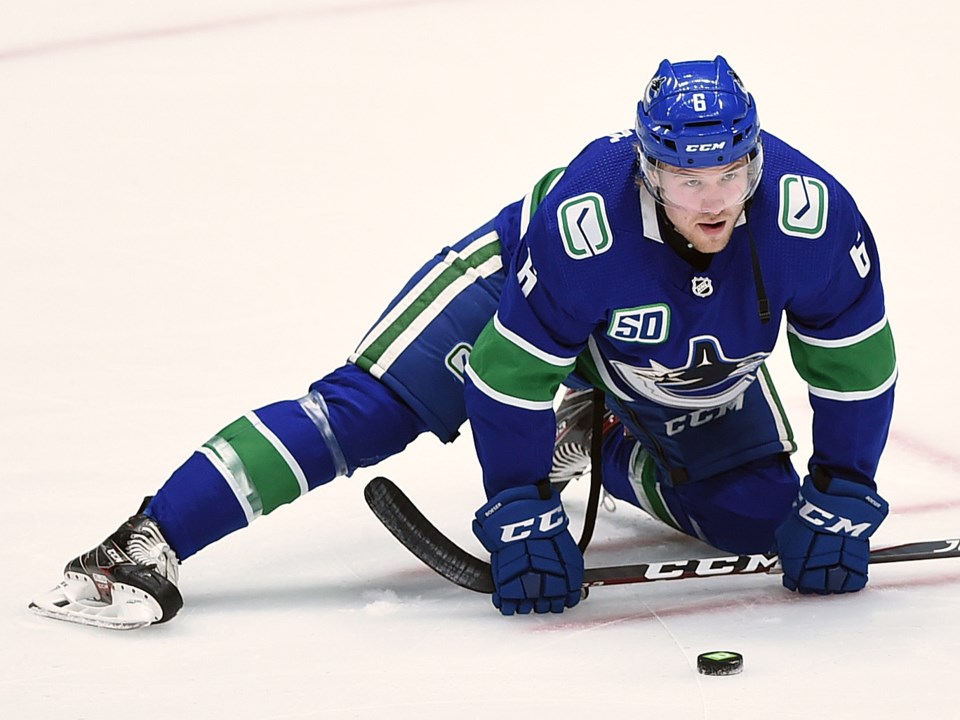 Brock Boeser stretches before a 鶹ýӳCanucks game.