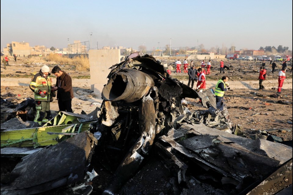 Debris at the scene where a Ukrainian plane crashed in Shahedshahr, southwest of Tehran, Iran, on Jan. 8, 2020.