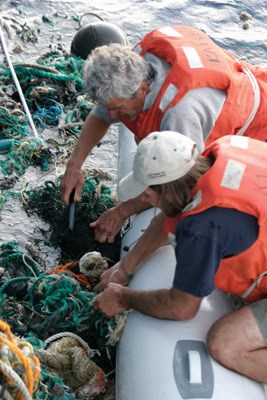 Crew aboard the research vessel Kaisei haul aboard debris found floating in the North Pacific. The tall ship is docked at Steveston for the duration of the Maritime Festival and is available for public boarding.