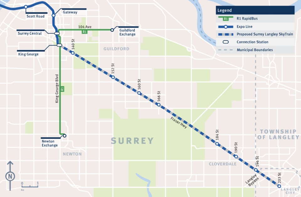 Proposed skytrain route through Surrey