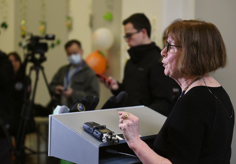 Cindi Banks VP at University Canada West, addresses the media at Thursday press conference regarding