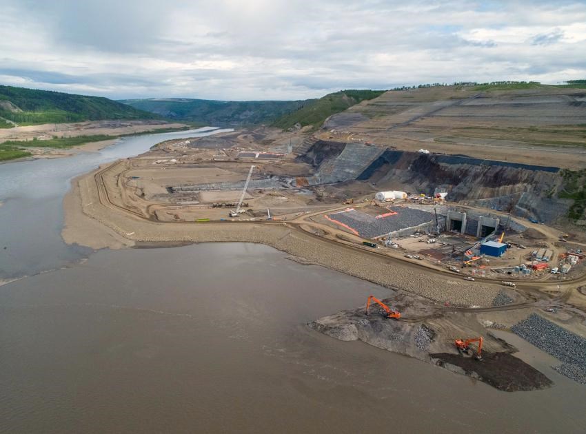 In-river construction begins at the Site C dam site, to prepare for river diversion in the fall, June 2020.