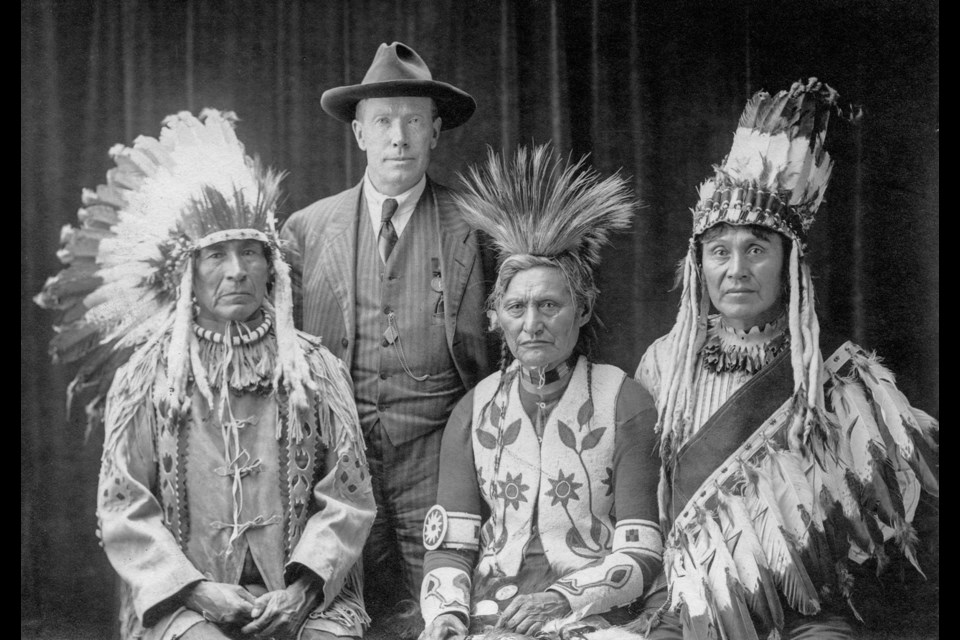 James Teit poses with three Interior chiefs during a trip to Ottawa in 1916. From left are John Tetlanetza, Teit, Paul David and Thomas Adolph.