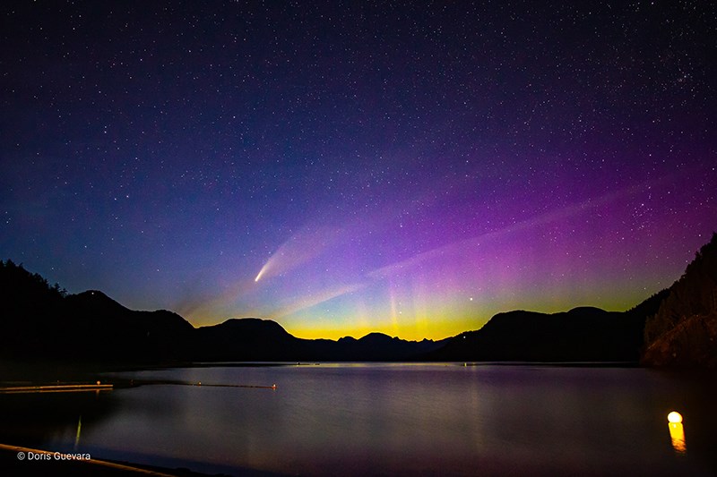 NEOWISE and Aurora Borealis over Mowat Bay in Powell River. Doris Guevara-Isert photo