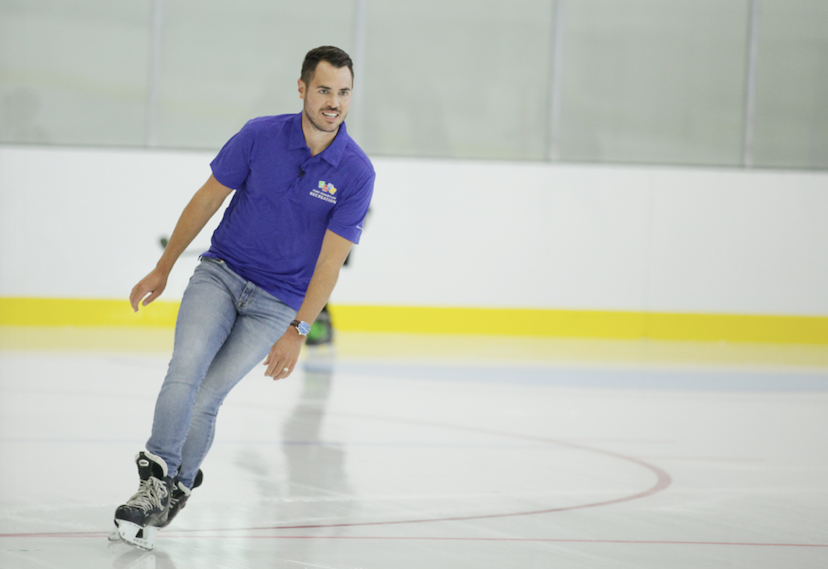 Mayor Brad West glides around the ice at one of two hockey arenas at the Port Coquitlam Community Centre, which will open up to user groups Sept. 8. Public skating, fitness and weight training areas will also open in late September. All services will require advanced pre-registration.