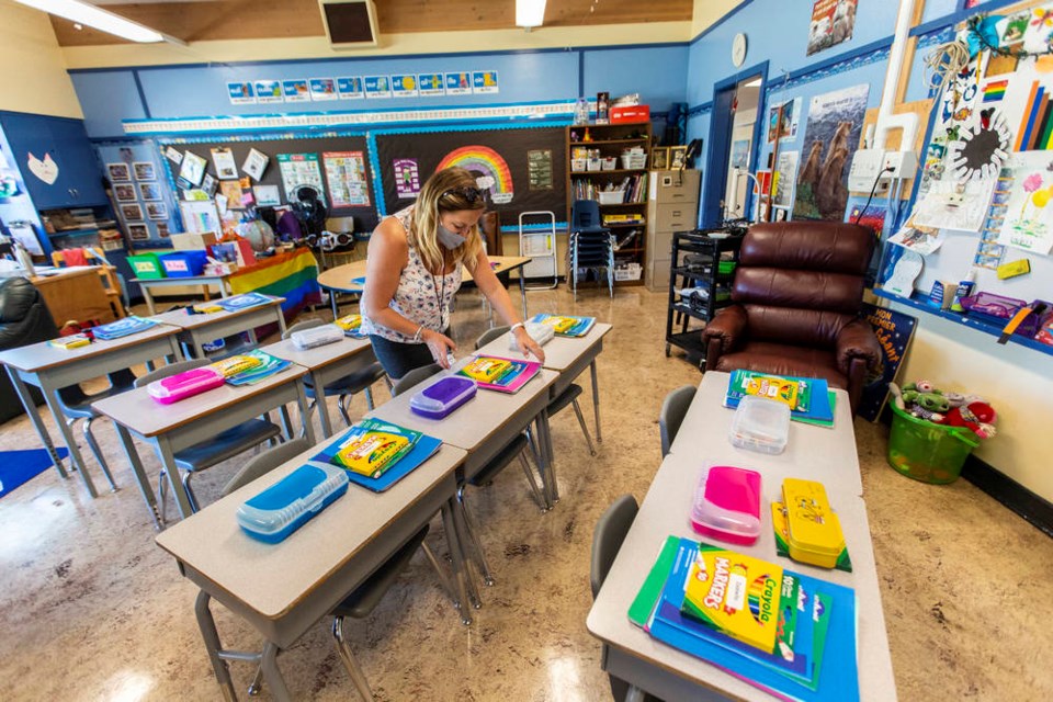 École Marigold Elementary School Grade 3-4 French immersion teacher Leah Donlevy finishes setting up her class on Wednesday. DARREN STONE, TIMES COLONIST