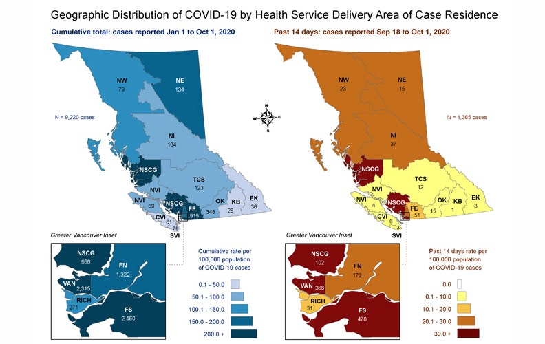 This map, released by the B.C. Centre for Disease Control on Thursday, shows the total number of COVID-19 cases by health service delivery area (blue map, left) and the number of new cases in the past 14 days (yellow and orange map, right). There has been 37 new cases of COVID-19 in the Northern Interior area, which includes Prince George, in the past two weeks.