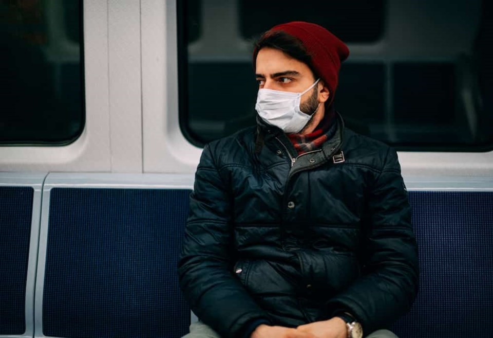 Man looking at someone while wearing a face-covering