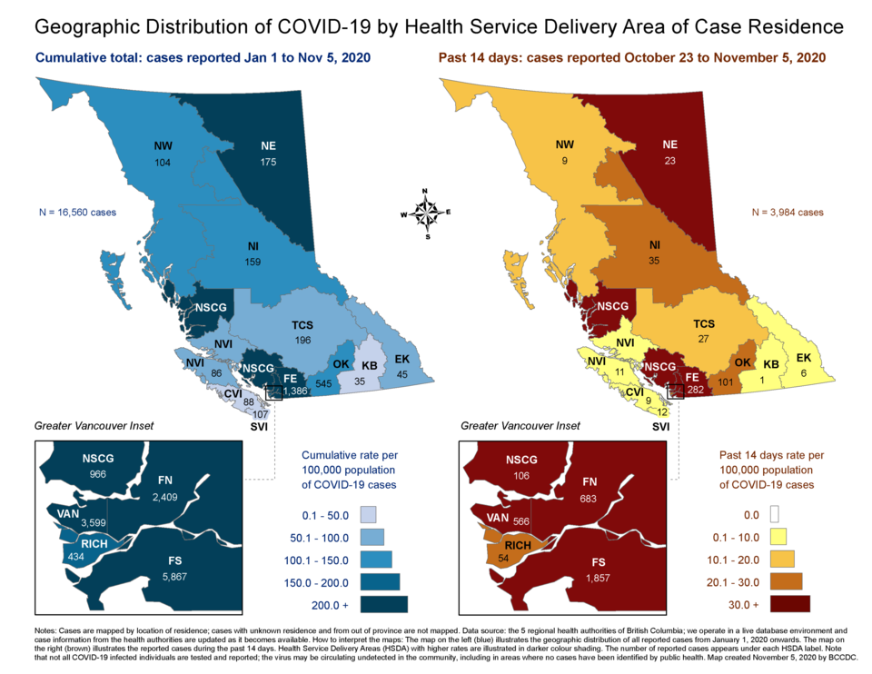 COVID-19 surveillance in B.C. from Oct. 23 to Nov. 5 shows the epicentre of the virus remains in Fra