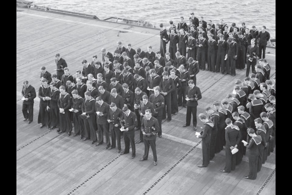 Church parade on the flight deck of the HMS Nabob, January 1944.