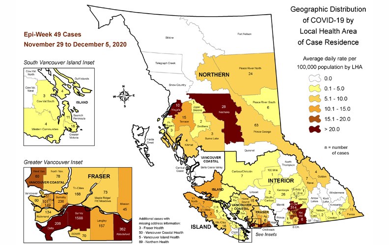 This map, provided by the B.C. Centre for Disease Control, shows the number of COVID-19 cases during the week of Nov. 29 to Dec. 5, broken down by local health area. The Prince George local health area had 63 cases during that timeframe.