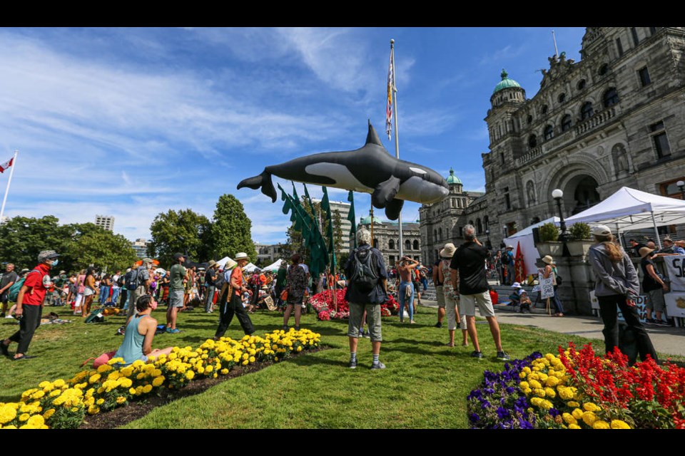 People gather at the B.C. legislature in Victoria on Monday to mark the one-year anniversary of the Fairy Creek blockades. ADRIAN LAM, TIMES COLONIST