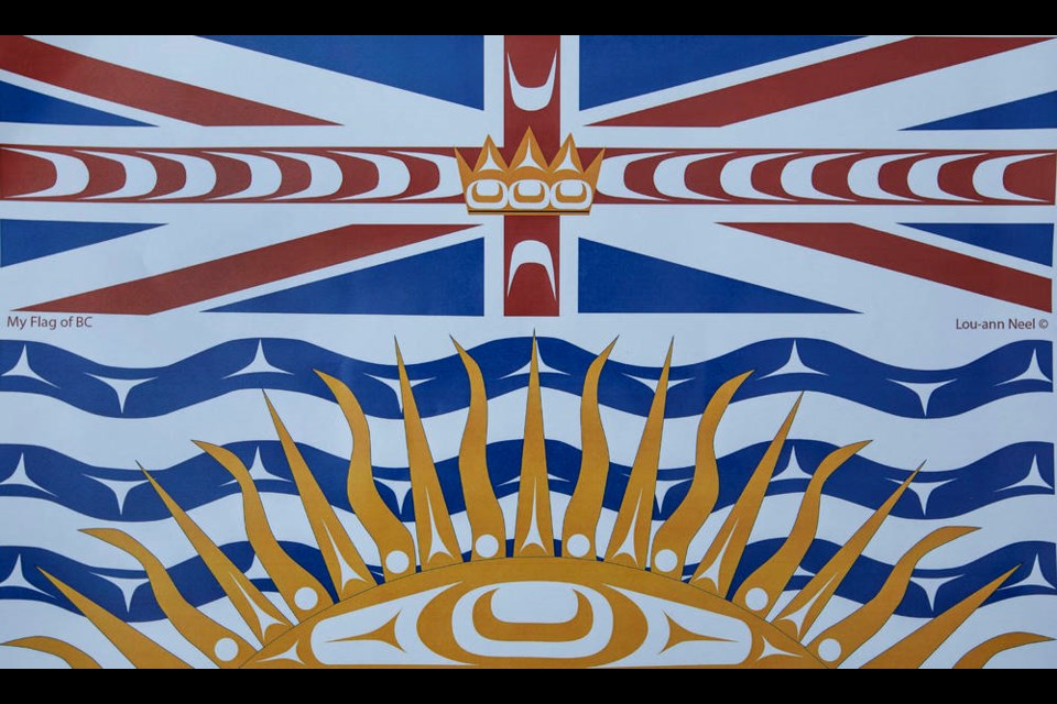 Lou-Ann Neel’s re-imagined saʴý flag features coastal First Nations elements.