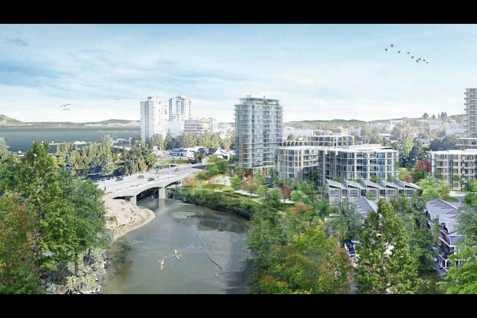 An artists rendering of the 7.2-acre Nanaimo Millstone Riverfront Project at 1 Terminal Ave. DAMBROSIO ARCHITECTURE