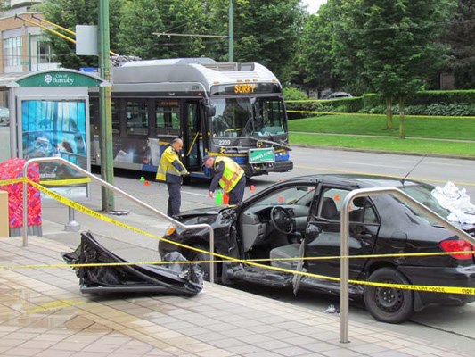 Crash: Burnaby RCMP were on scene at Kingsway and Olive Avenue Friday (June 14) investigating a crash involving a transit bus and a car that killed one person and seriously injured two others.