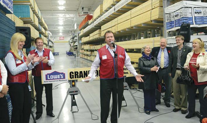 Alan Huggins, president of Lowe's Canada, addresses the crowd celebrating the opening of the first Lowe's in B.C.