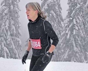 61 year old Francis Crowley was the first woman across the finish line at the Grouse Mountain 5.5 km Snowshoe Grind held on Saturday February 9th