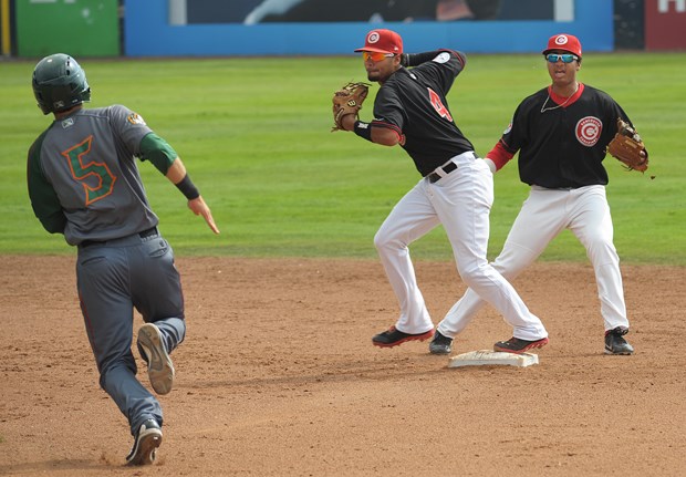 Canadians’ Andy Fermin throws out Boise’s David Bote’s during the Canadians 4-2 win over the Hawks Sunday afternoon at Nat Bailey Stadium to tie the Northwest League championship series.